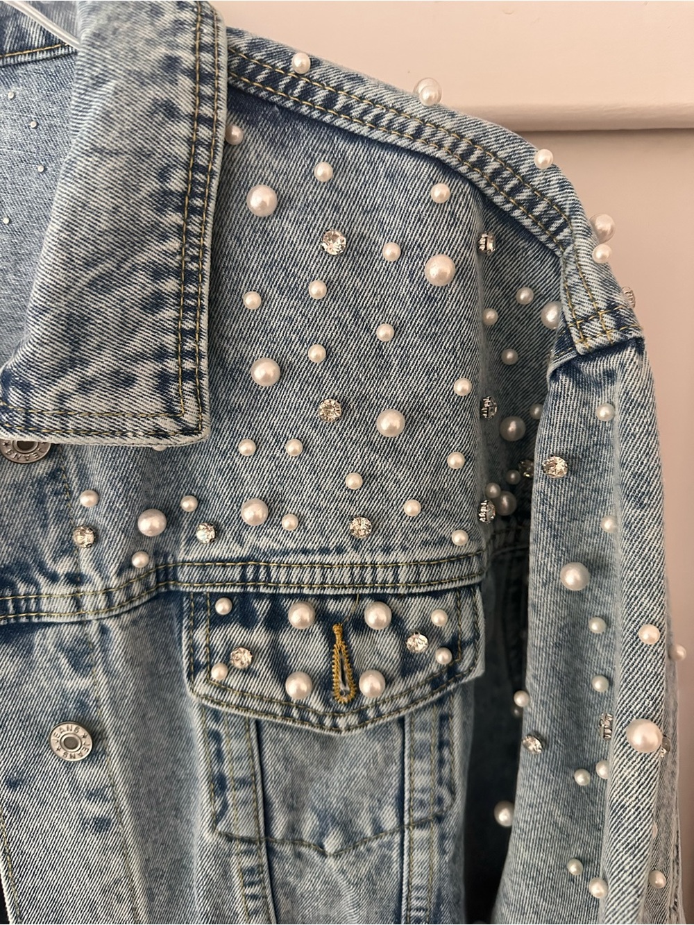 Women’s Pearl-Embellished Light Blue Denim Jacket - Picture 3 of 5